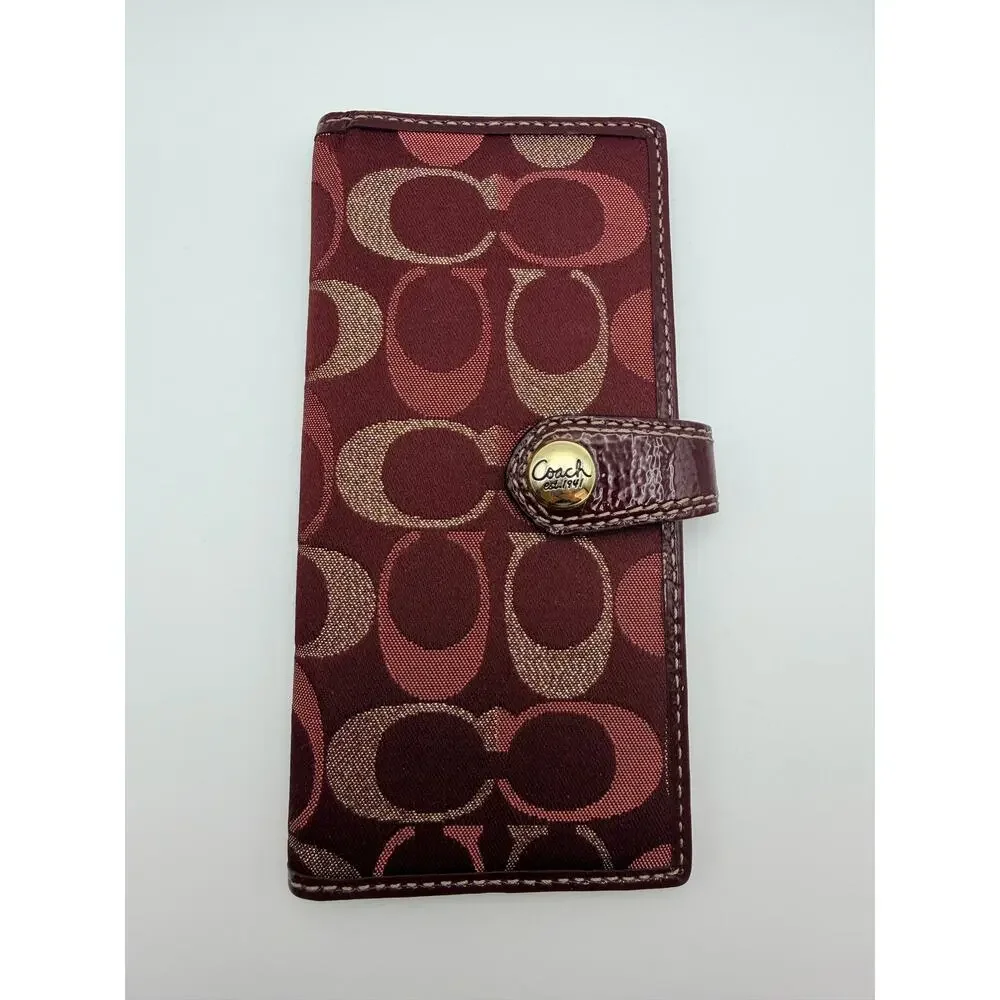 Coach Signature Jacquard Checkbook Wallet Burgundy Pink - EUC
